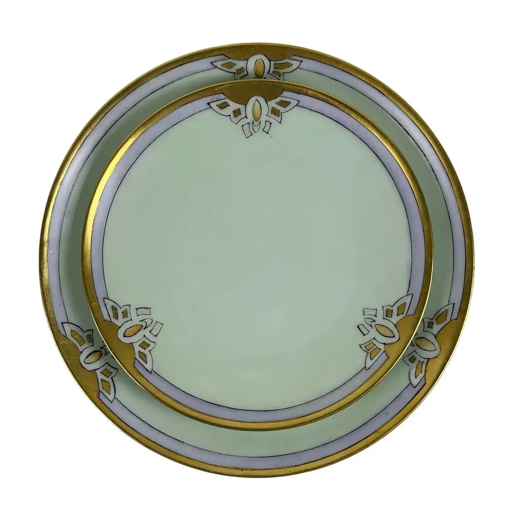 Art Nouveau Thomas Bavaria 4 Piece Luncheon Set Light Green w/Purple & Gold Rim